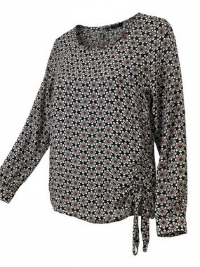 Halogen Women’s L Black Floral Long-Sleeve Tie-Hem Pull-over Whimsical Blouse